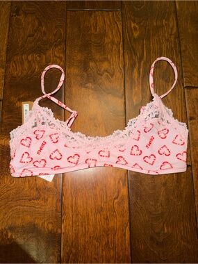Women's Pink Lace-Trim Heart Print Bralette